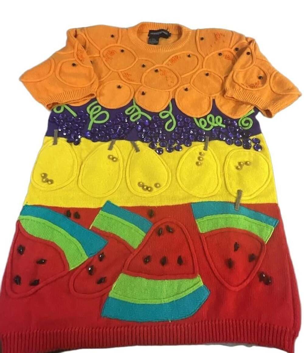 Vintage Spree Inter. Fruit Beaded Cotton Sweater Large L